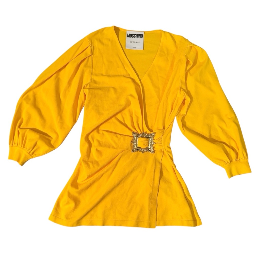 Moschino Couture Yellow Buckle Embellished Knit Wrap Tunic Size 12 Quiet Luxury
